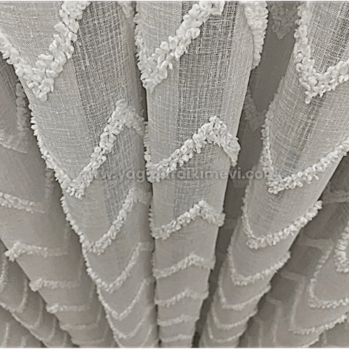  Zigzag Desenli Püsküllü Lüks Keten Tül Perde