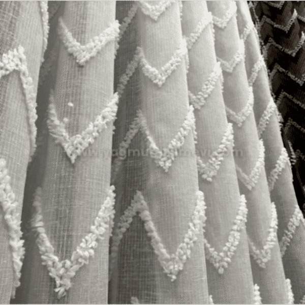  Zigzag desenli püsküllü lüks keten tül perde – ağır gramajlı, dokulu ve modern perde modeli