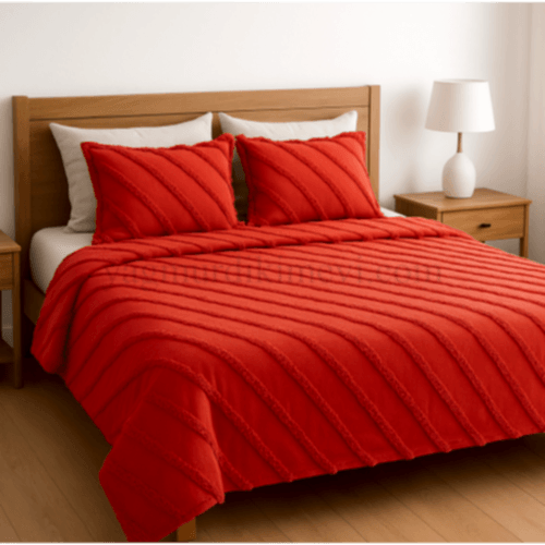 Çarpraz Çizgili Tuğla Renk Püsküllü Yatak Örtüsü Seti – Ultra Konfor & Özel Tasarım