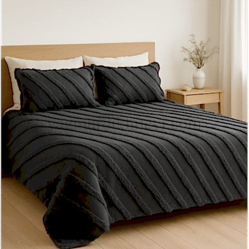 Çarpraz Çizgili Antrasit Gri Renk Püsküllü Yatak Örtüsü Seti – Ultra Konfor & Özel Tasarım