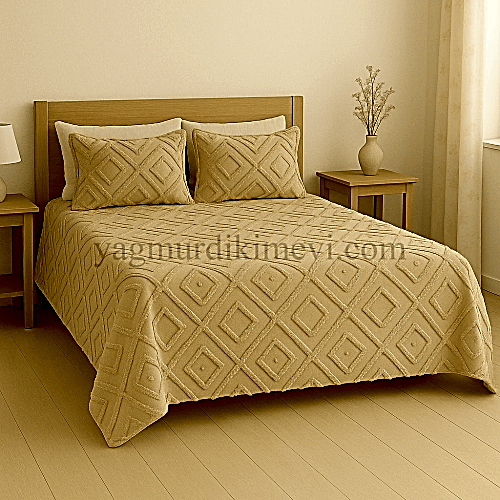 Geometrik Desen Açık Bej Renk Püsküllü Yatak Örtüsü Seti – Ultra Konfor & Özel Tasarım