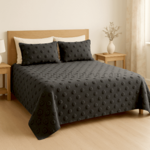 Baloncuk Desen Gri Renk Püsküllü Yatak Örtüsü Seti – Ultra Konfor & Özel Tasarım
