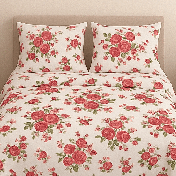 Flora çiçekli pamuk nevresim takımı kırmızı desenli - Yağmur Dikim Evi