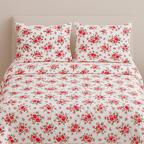 Serin çiçekli pamuk nevresim takımı kırmızı desenli - Yağmur Dikim Evi