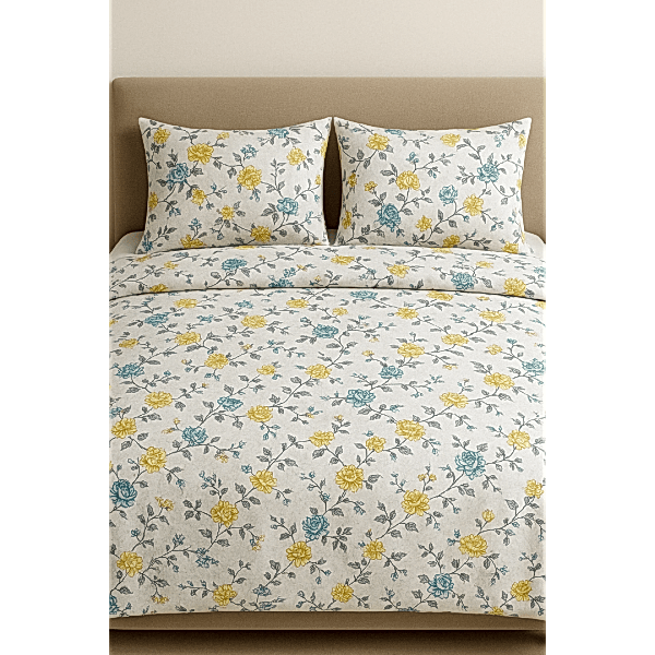 Senta çiçekli pamuk nevresim takımı sarı mavi desenli - Yağmur Dikim Evi