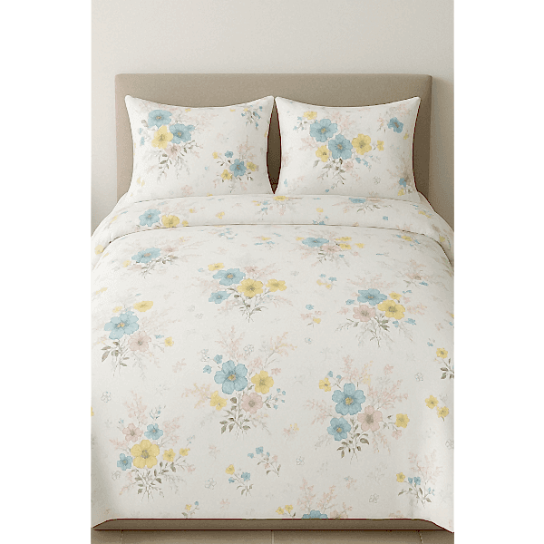 Deste çiçekli pamuk nevresim takımı sarı mavi desenli - Yağmur Dikim Evi