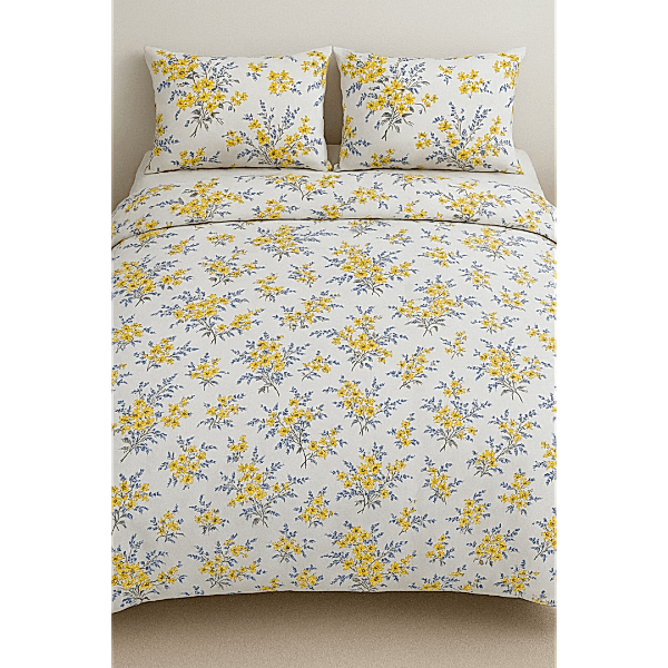 Demet çiçekli pamuk nevresim takımı sarı mavi desenli - Yağmur Dikim Evi