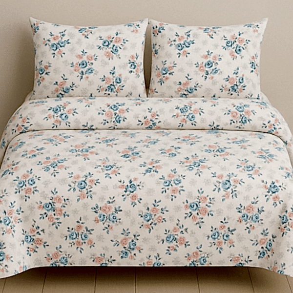 Esra çiçekli pamuk nevresim takımı mavi turuncu desenli - Yağmur Dikim Evi